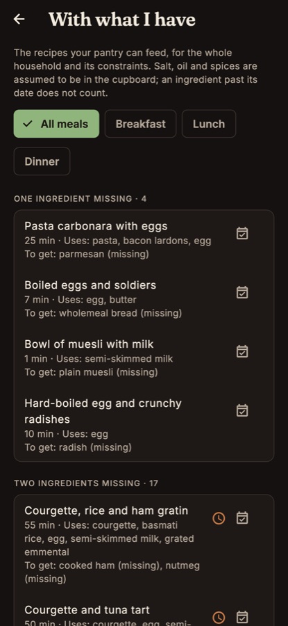 The recipes the pantry can feed, with what is missing.