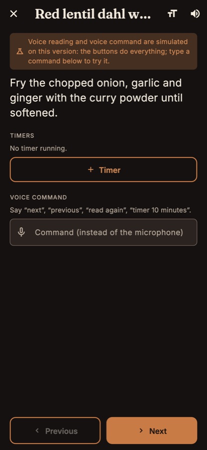 Cooking mode: one large step and its timers.