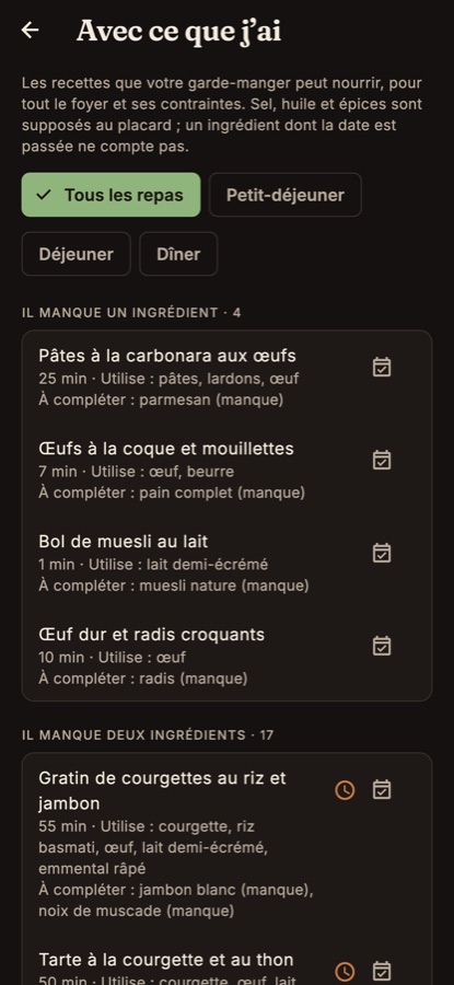 Les recettes que le garde-manger peut nourrir, avec ce qu'il manque.