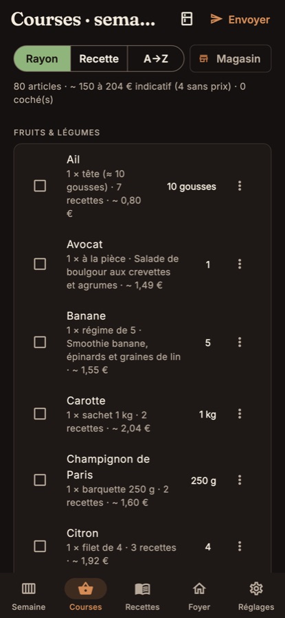 La liste de courses rangée par rayon, avec son budget indicatif.